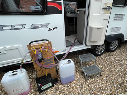 All set up for an Alde heating fluid flush on a twin axle caravan in Lincolnshire